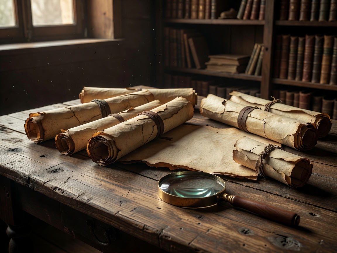 Antike Schriftrollen auf einem Holztisch, Symbol für historische Aufzeichnungen