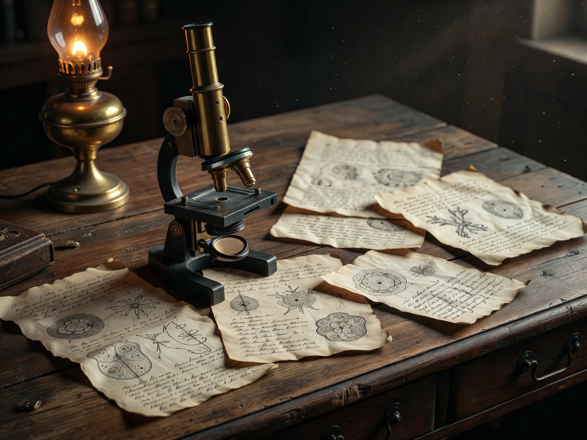 Ein historisches Mikroskop und alte Notizen, Symbol für kuriose wissenschaftliche Fakten